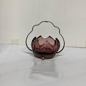Art Nouveau Silver-Plated Sugar Bowl with Handle & Purple Glass Insert